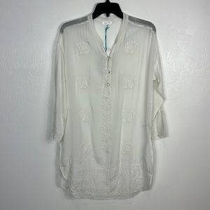 Kyla Seo Luana White Floral Embroidery Boho 3/4 Sleeve Tunic Top Size S